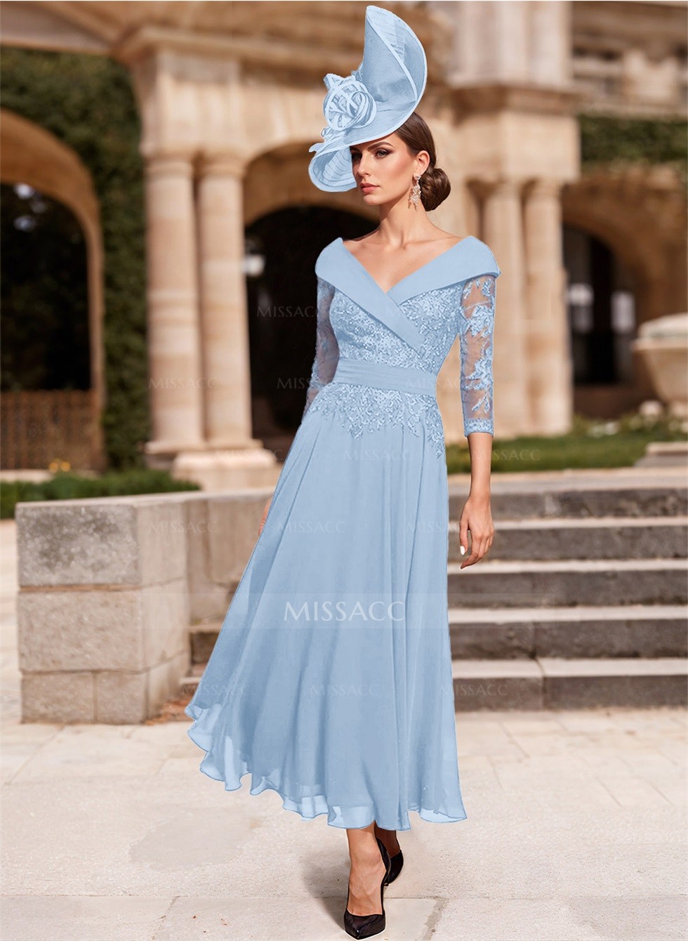 A-Line V-Neck 3/4 Sleeves Chiffon Mother Of The Bride