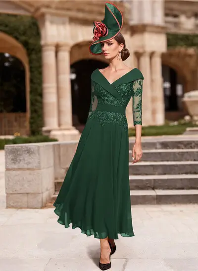 Dark Green Wedding Guest Dress Olive Green Mother Of The Bride Dresses  Asymmetrical Sleeves A-Line V Mother Of Bride Dresses