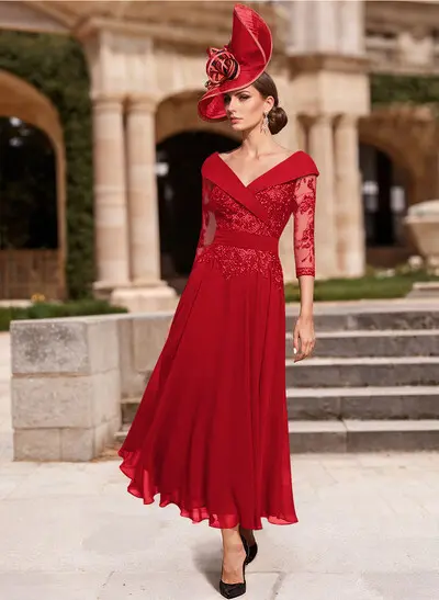 A-Line V-Neck 3/4 Sleeves Chiffon Mother Of The Bride Dresses With Lace -  Missacc