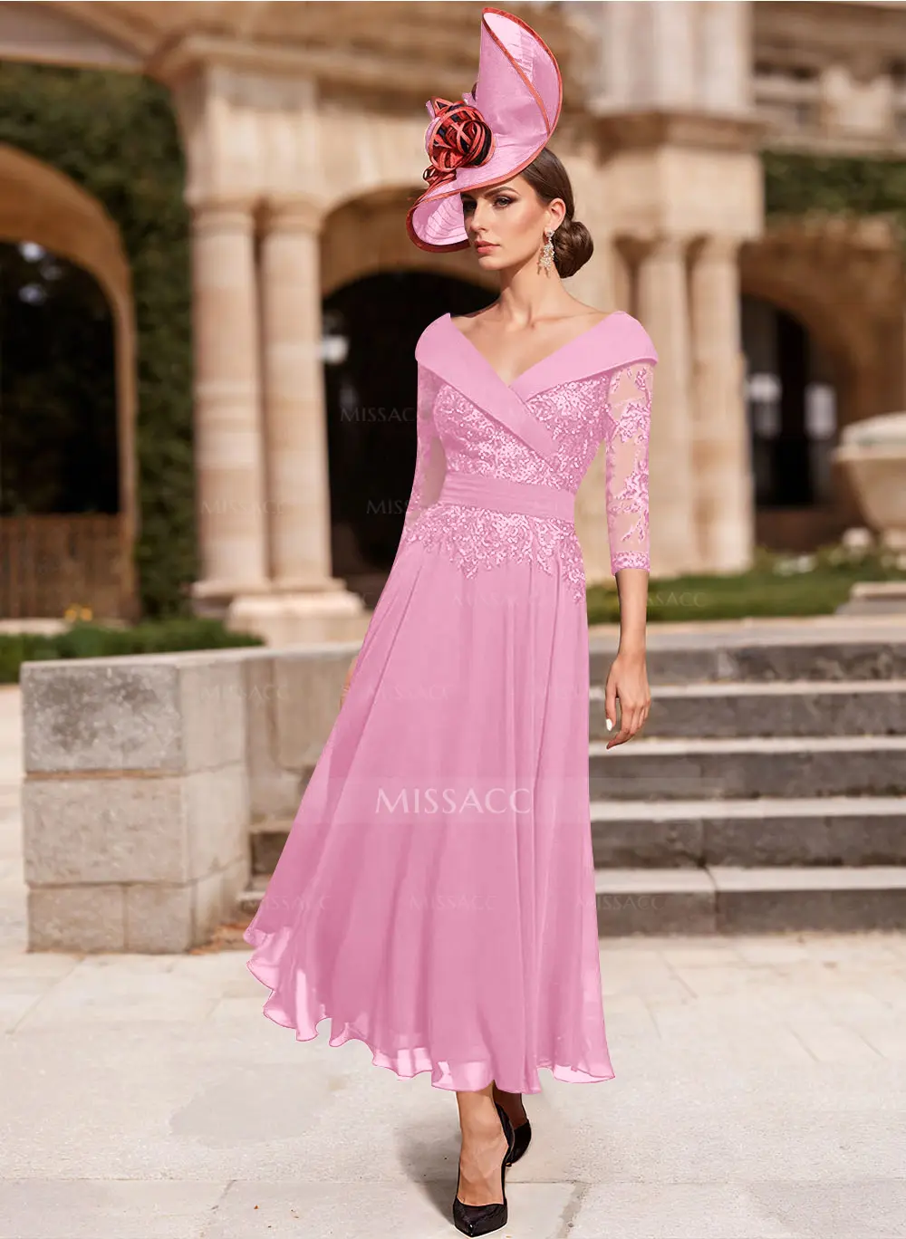 A-Line V-Neck 3/4 Sleeves Chiffon Mother Of The Bride Dresses With