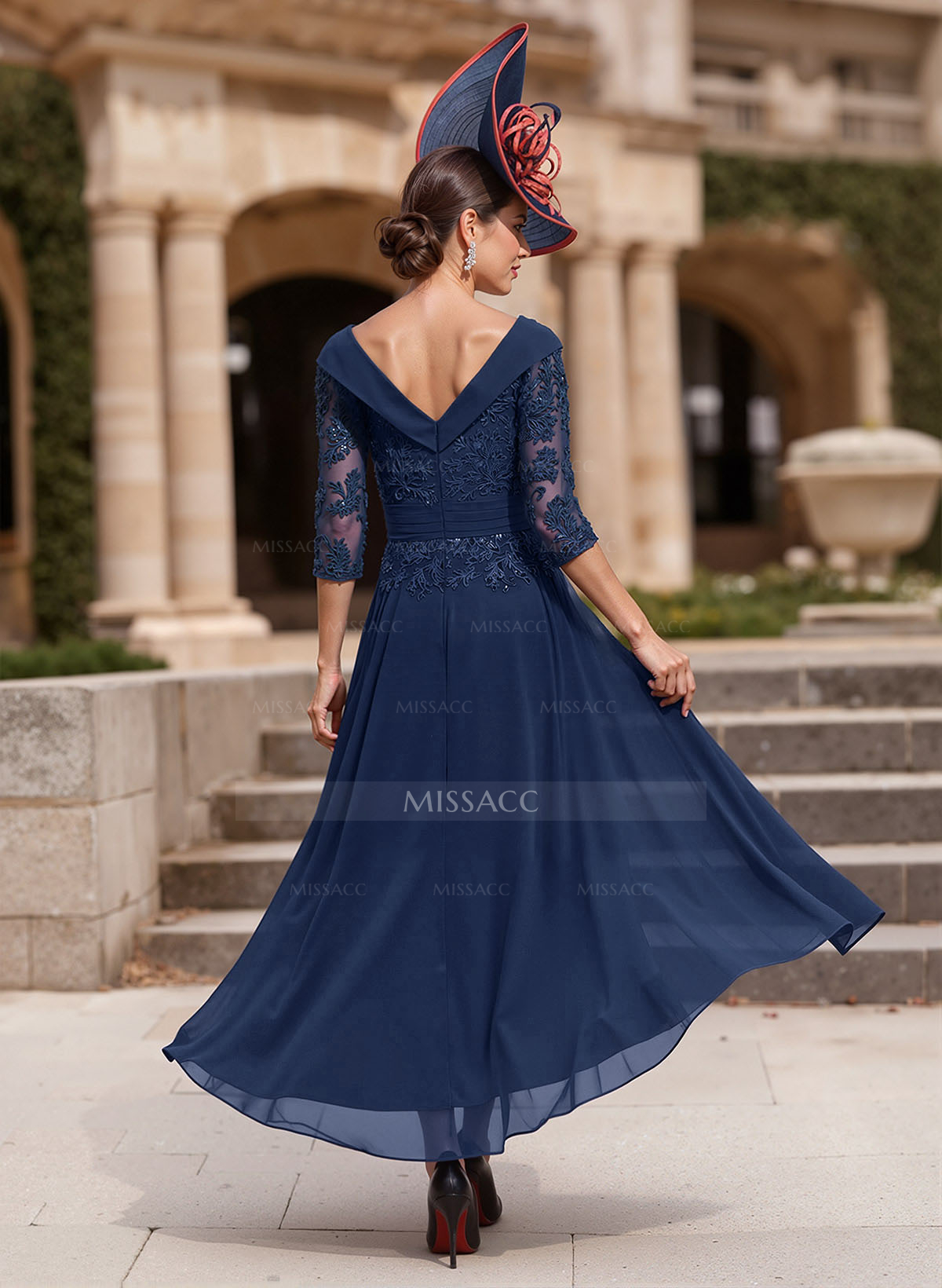 A-Line V-Neck 3/4 Sleeves Chiffon Mother Of The Bride Dresses With Lace