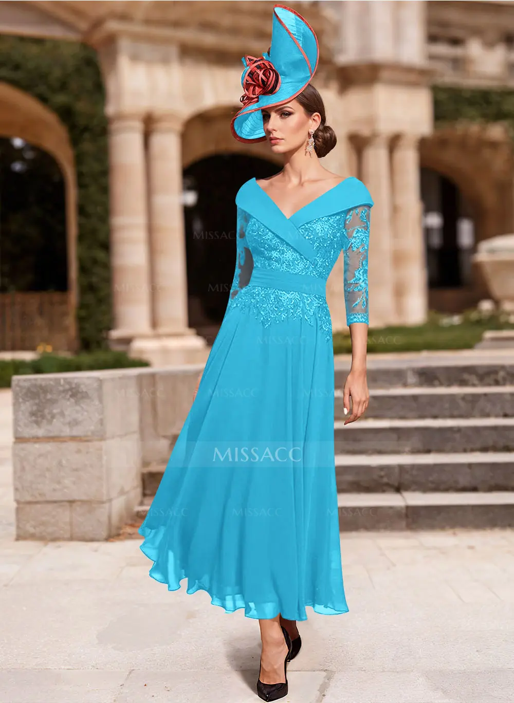 Missacc Jade Mother of The Bride Dresses A-Line V-Neck 3/4 Sleeves Chiffon Mother of The Bride Dresses with Lace