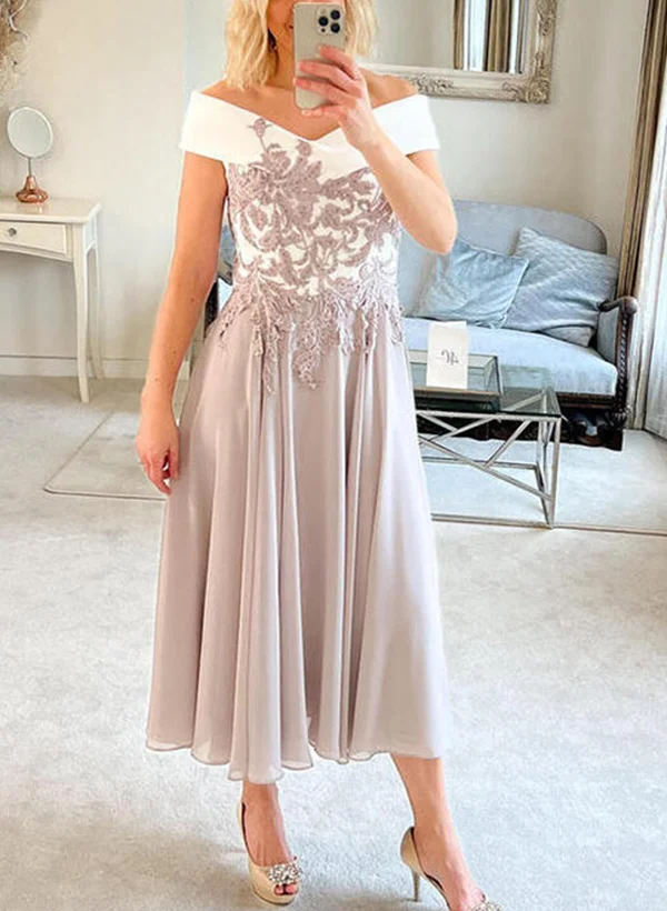 a-line v-neck tea-length chiffon mother of the bride dress Plus-Size Romantic And Elegant Off-The-Shoulder Long Sleeve A-Line Wedding  Dress With Buttons main image 1