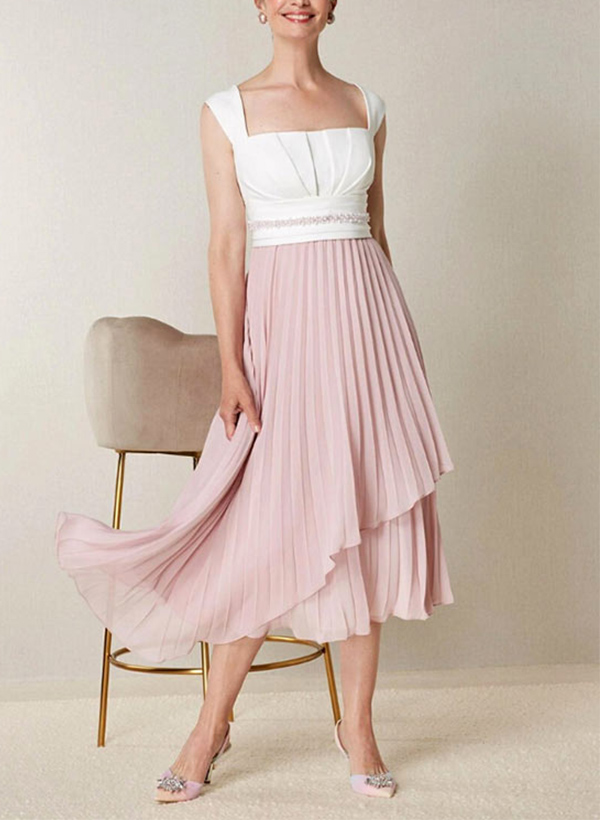 A-Line Square Neckline Sleeveless Tea-Length Chiffon Mother Of The Bride Dresses With Beading