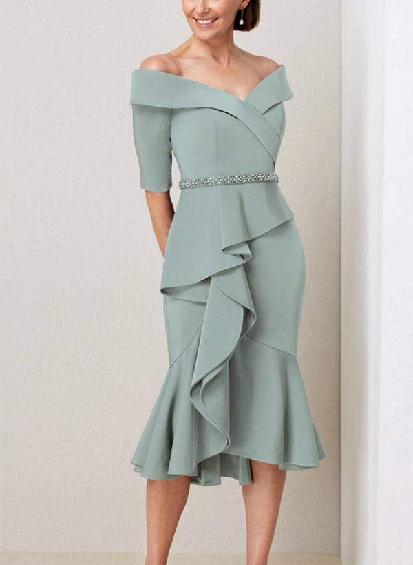 Sheath Off-the-Shoulder 1/2  Sleeves Tea-Length Chiffon Mother of the Bride Dresses With Ruffle