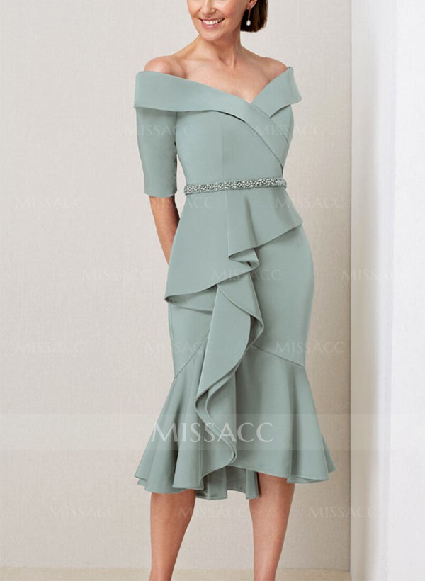 Sheath Off-The-Shoulder 1/2 Sleeves Tea-Length Elastic Satin Mother Of The Bride Dresses With Ruffle
