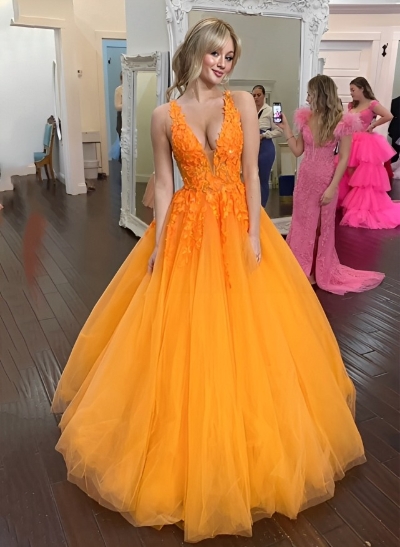 Ball-Gown V-Neck Long Prom Dress With Appliques Lace