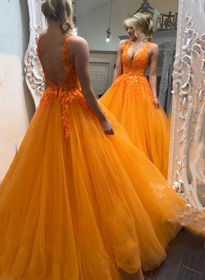 Ball-Gown V-Neck Long Prom Dress With Appliques Lace