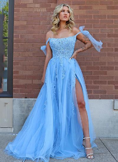 A-Line Tulle Long Prom Dress With Appliques Lace