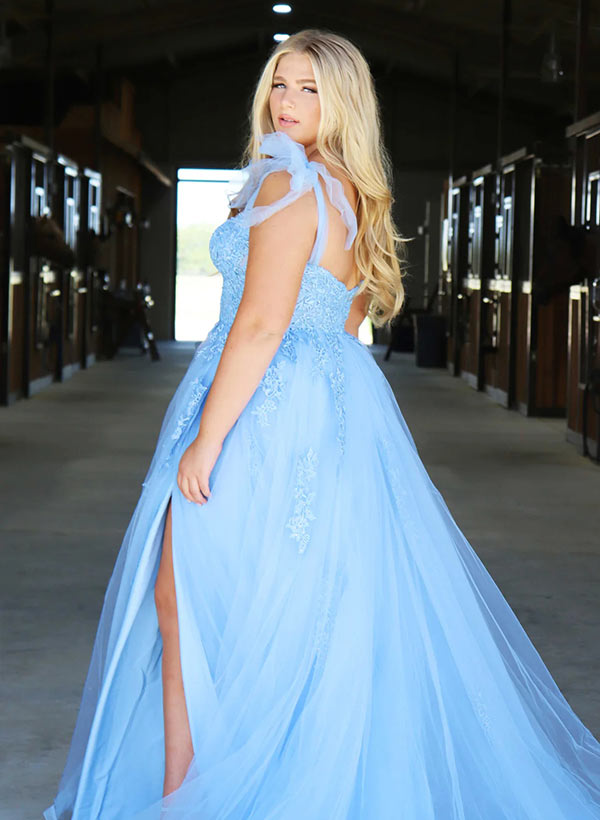 A-Line Tulle Long Prom Dress With Appliques Lace