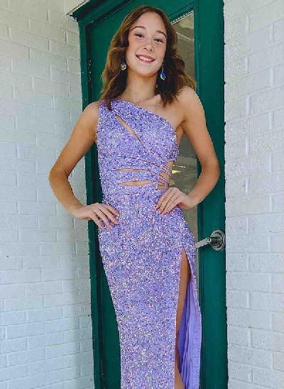 Sheath One-Shoulder Sequined Long Prom Dress With Split Front