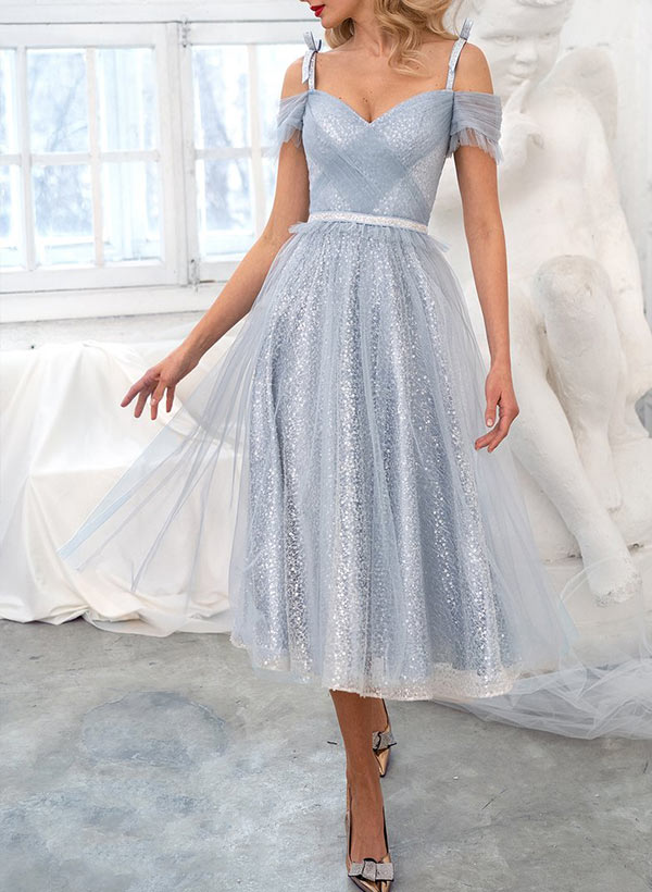 A-Line Tulle Off-the-Shoulder Sleeveless Tea-Length Prom Dress with Ruffles