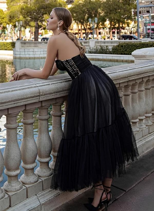A-Line Tulle Sweetheart Neckline Ankle-Length Prom Dress with Ruffles