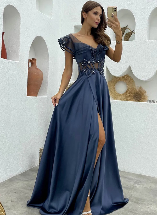 A-line Long Prom Dress With Beading Appliques Lace