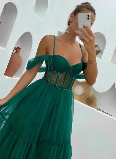 A-Line Tulle Spaghetti Straps Long Prom Dress