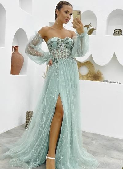 A-Line Strapless Long Prom Dress With Appliques Lace