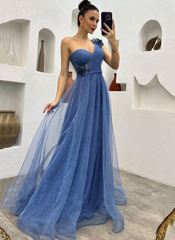 One Shoulder Tulle Prom Dress With Split Front