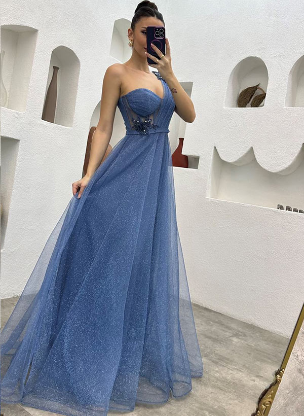 One Shoulder Tulle Prom Dress With Split Front