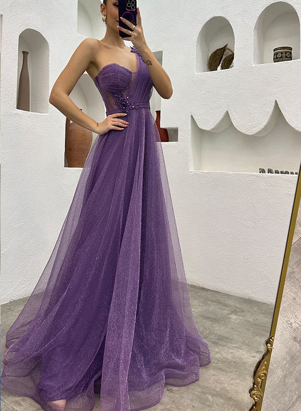 One Shoulder Tulle Prom Dress With Split Front 