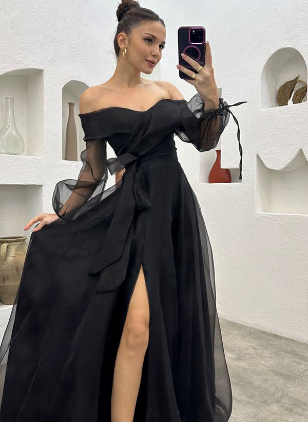 Off The Shoulder Long Sleeves Prom Dress With Split Front 