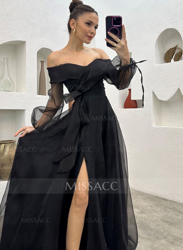 Off The Shoulder Long Sleeves Prom Dress With Split Front 