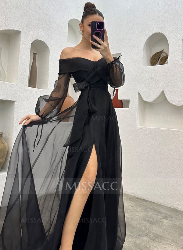 Off The Shoulder Long Sleeves Prom Dress With Split Front 