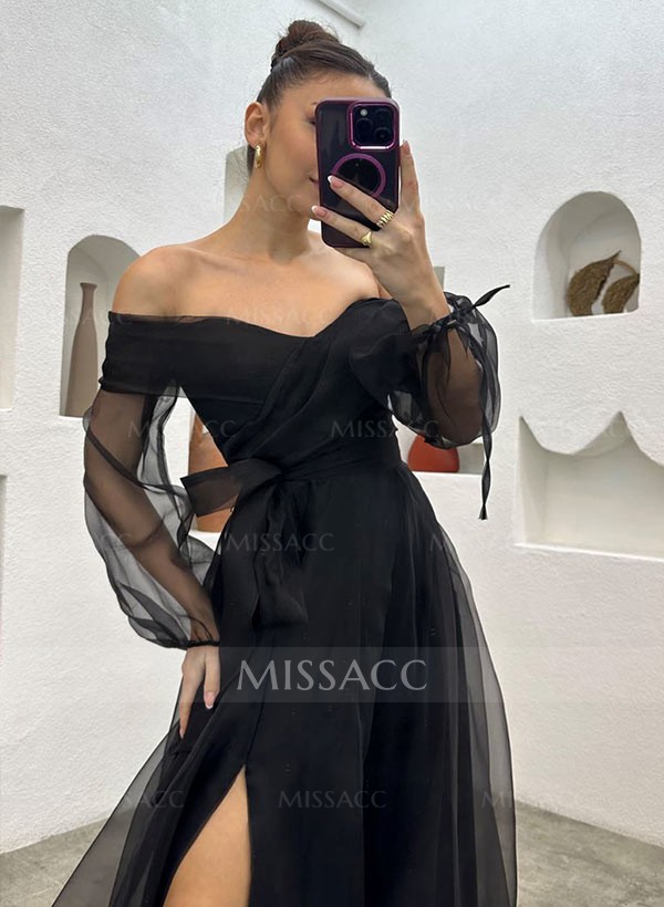 Off The Shoulder Long Sleeves Prom Dress With Split Front 