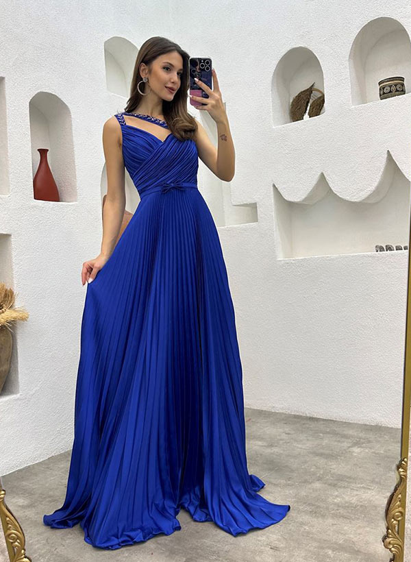 A-Line Long Sleeveless Prom Dress With Pleating 