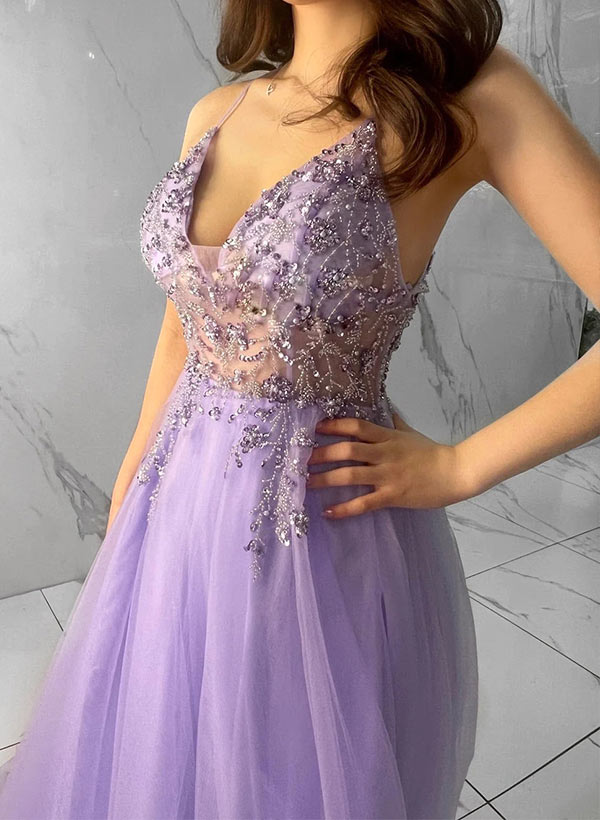 A-Line Tulle Lace Long Prom Dress With Split Front