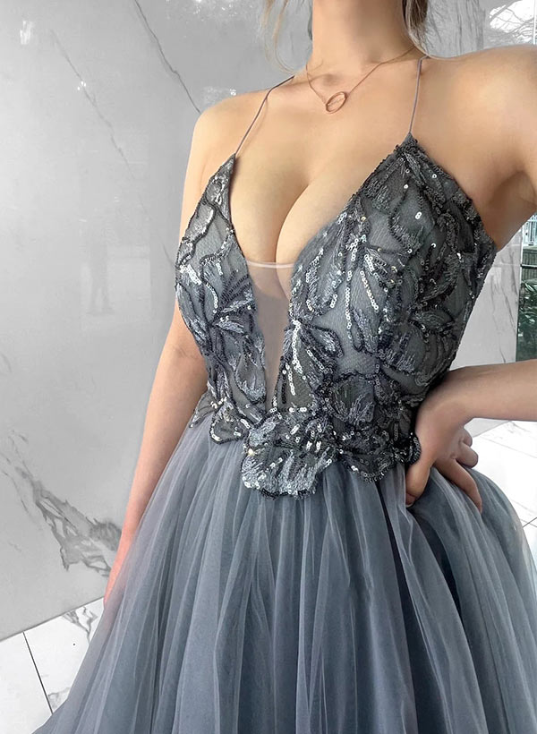  Ball-Gown V-Neck Tulle Sleeveless Prom Dress With Split Front