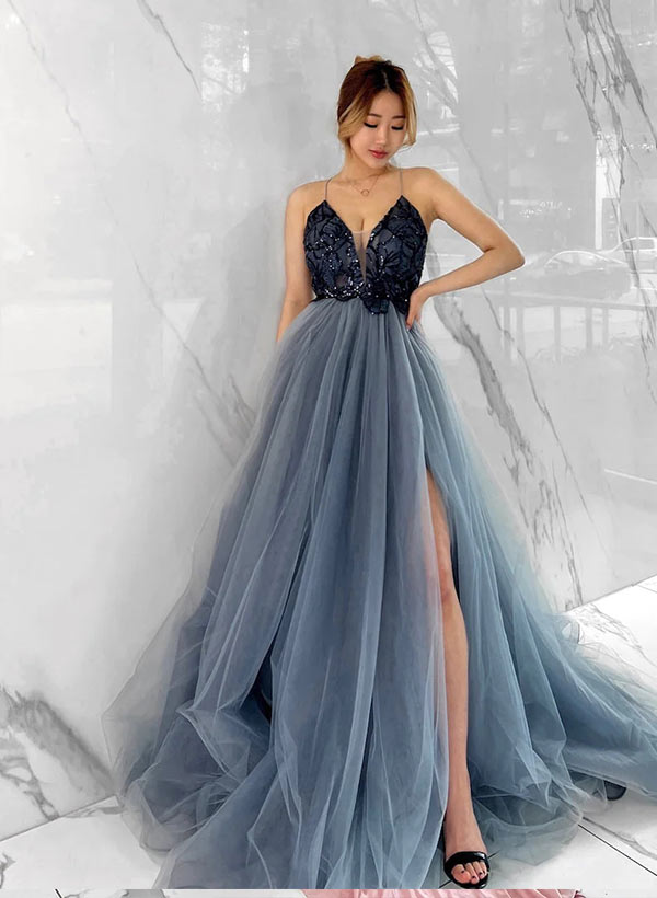 Ball-Gown V-Neck Tulle Sleeveless Prom Dress 