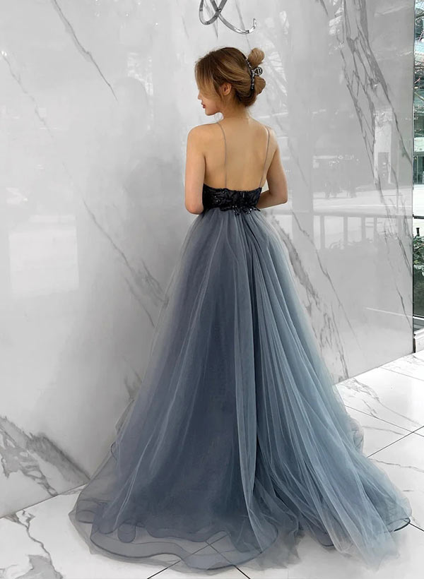 Ball-Gown V-Neck Tulle Sleeveless Prom Dress 