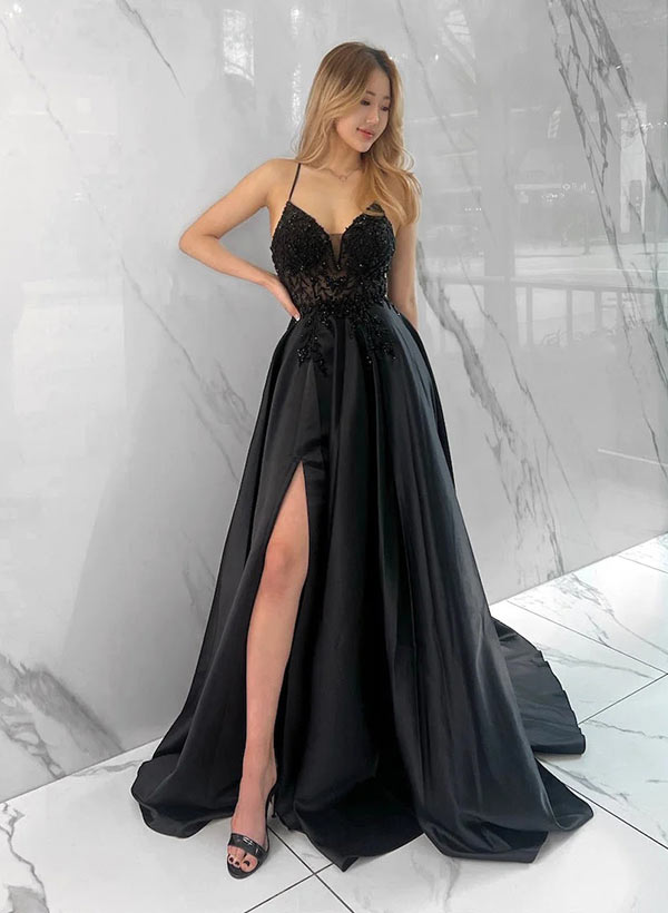 A-Line Lace Satin Prom Dress With Split Front