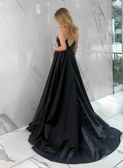 A-Line Lace Satin Prom Dress With Split Front