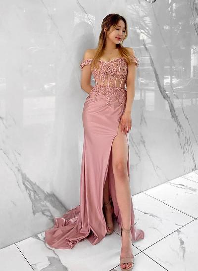Sheath Lace Off-the-Shoulder Long Prom Dress With Split Front