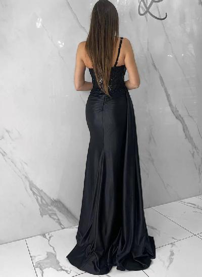 Sweetheart Neckline Sleeveless Satin Floor-Length Prom Dress With Lace