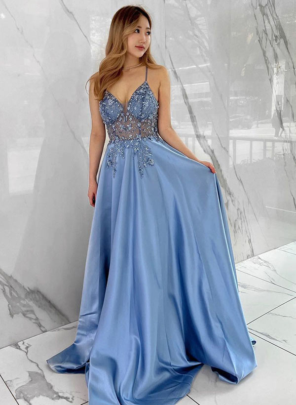  A-Line Lace Satin Sleeveless Prom Dress 