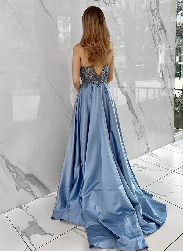  A-Line Lace Satin Sleeveless Prom Dress 