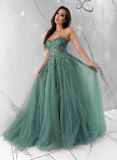 Ball-Gown Sweetheart Neckline Tulle Long Prom Dress With Appliques Lace