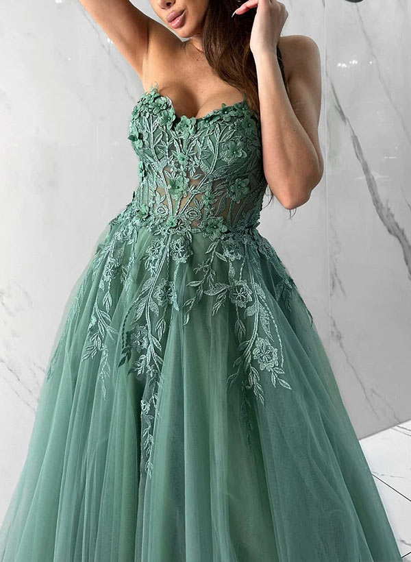 Ball-Gown Sweetheart Neckline Tulle Long Prom Dress With Appliques Lace