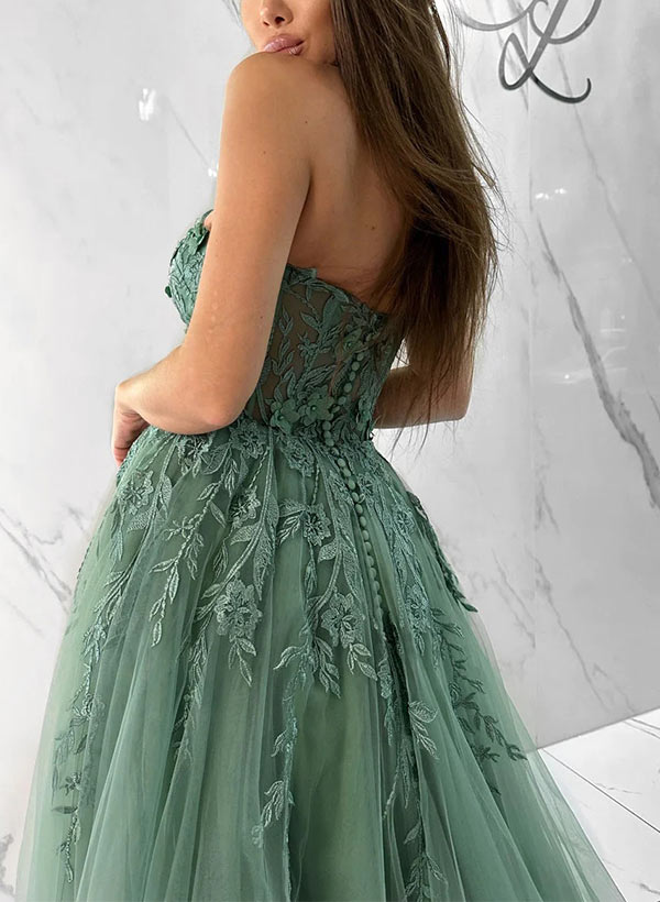 Ball-Gown Sweetheart Neckline Tulle Long Prom Dress With Appliques Lace