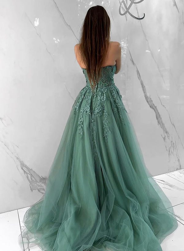 Ball-Gown Sweetheart Neckline Tulle Long Prom Dress With Appliques Lace