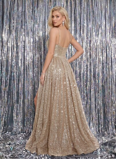 Ball-Gown Sequined V-Neck Long Prom Dress With Appliques Lace