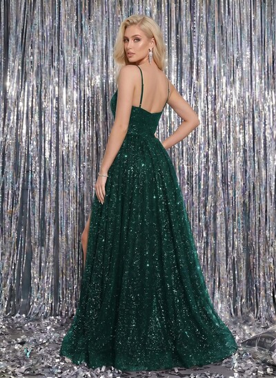 Ball-Gown Sequined V-Neck Long Prom Dress With Appliques Lace