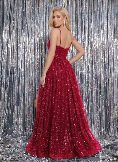 Ball-Gown Sequined V-Neck Long Prom Dress With Appliques Lace