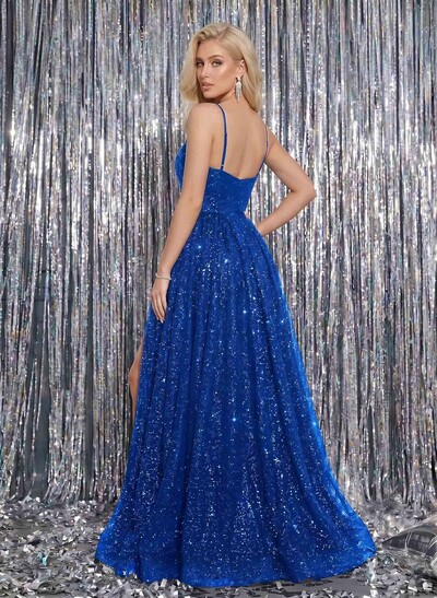 Ball-Gown Sequined V-Neck Long Prom Dress With Appliques Lace