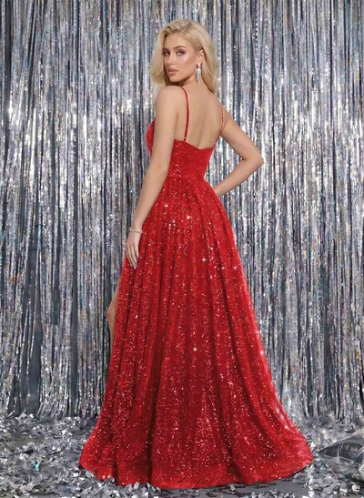 Ball-Gown Sequined V-Neck Long Prom Dress With Appliques Lace