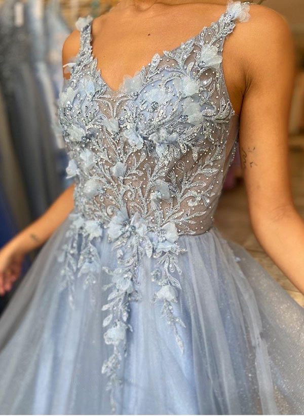 A-Line Tulle V-Neck Long Prom Dress With Appliques Lace
