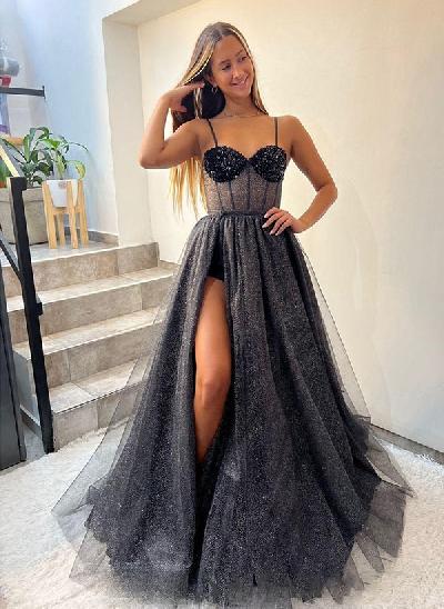 A-Line Sparkly Long Prom Dress With Split Front