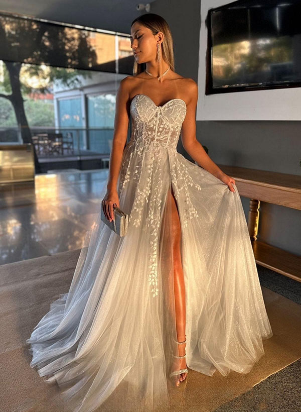 A-Line Strapless Lace Long Prom Dress With Split Front 